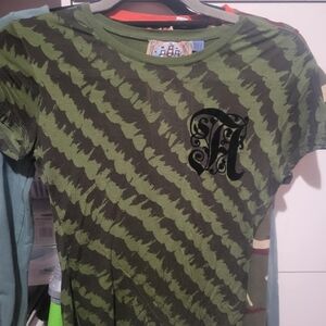 Green Camouflage Graphic Tee with Decorative Monogram